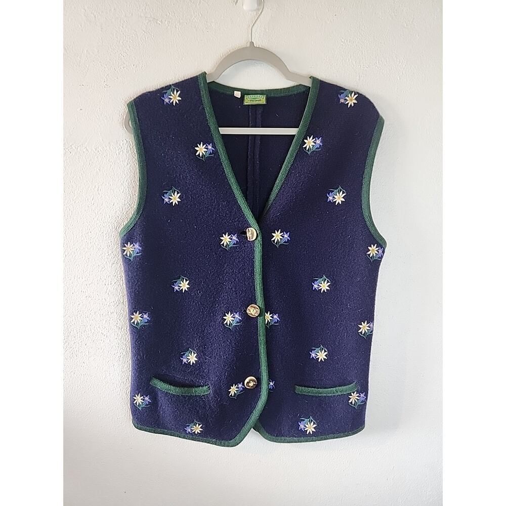 SONNWEND EXKLUSIV Vintage Blue Wool Vest with Floral Embroidery